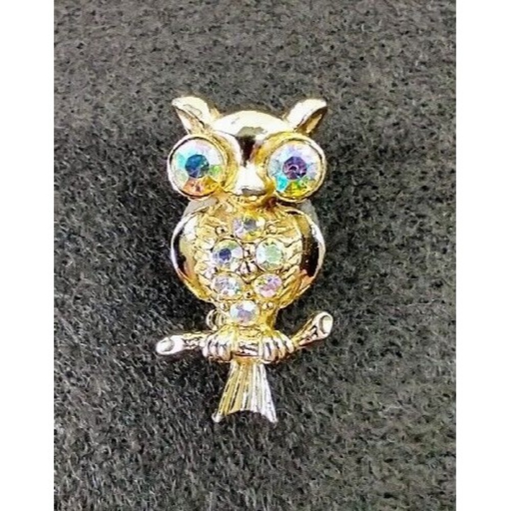 Owl Bird Aurora Borealis Rhinestone Vintage Gold Tone Pin Brooch